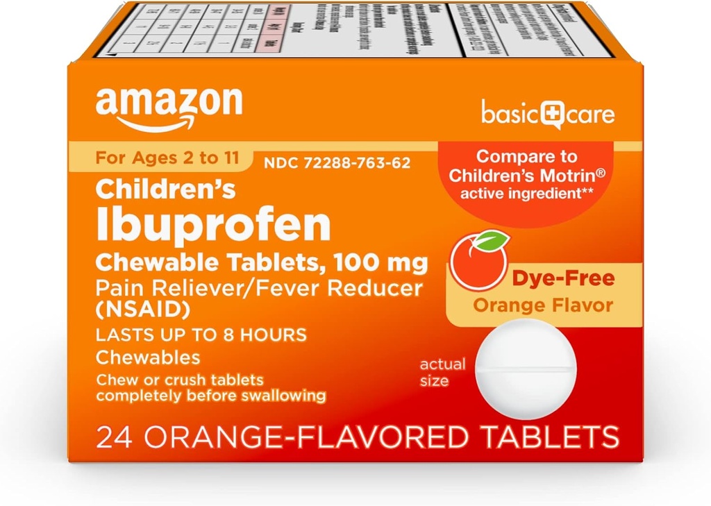 Ibuprofen Ibuprofen, Pain Reliever and Fever Reducer, Orange Flavor, Ages 2-11, Last hingga 8 Jam, 100 mg, 24 Count