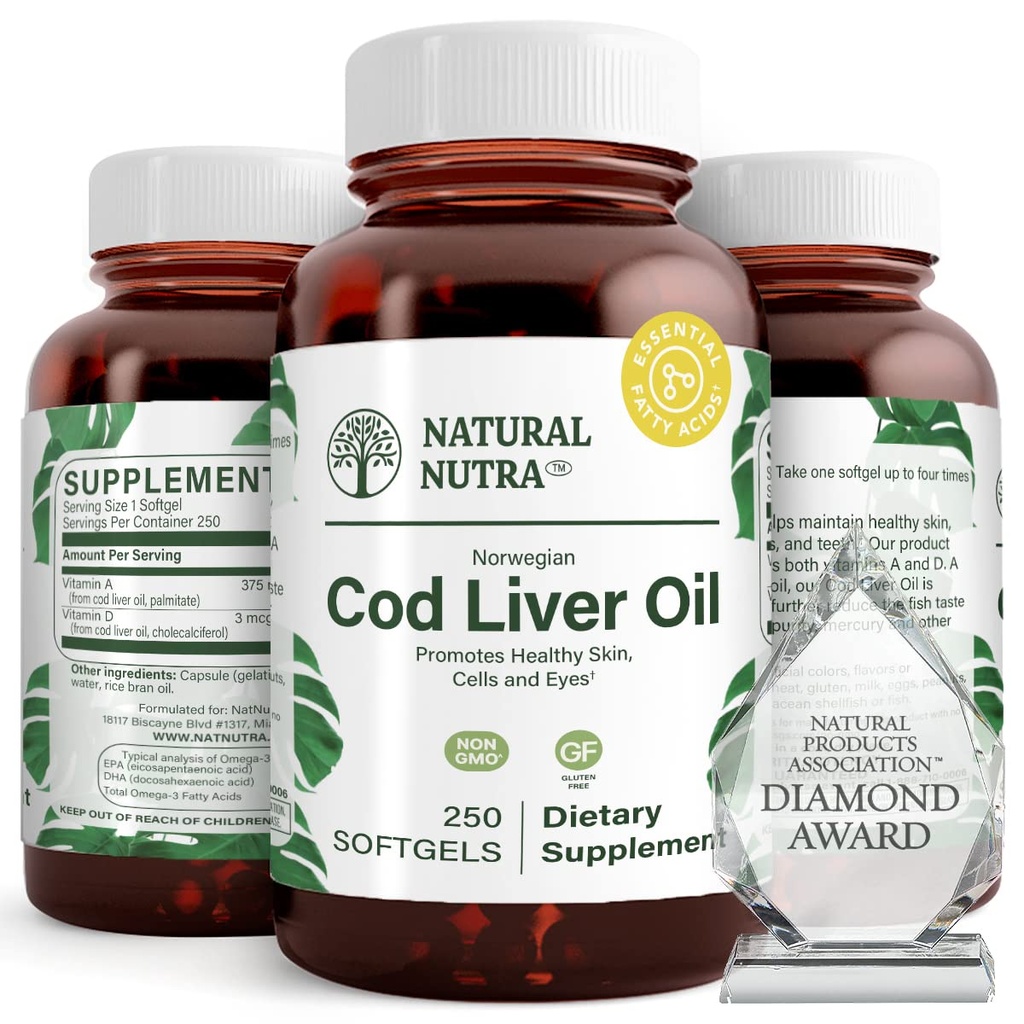 Suplemen Minyak Cod Liver Natural Nutra Norwegia, membantu Mempertahankan Kulit, Membantu Menjaga Density Tubuh, Fungsi Kesehatan Mata & Nerve, Promotes Kesehatan Dental, Supports Cardiovaskular Kesehatan, 250 Softgels