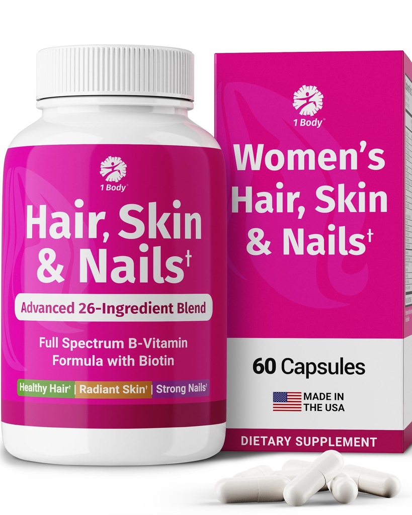 1 Tubuh Skin dan Nails Vitamin dengan Biotin - Perkembangan Rambut untuk Perempuan & Pria dengan 26 Vitamin, Mineral & Herbal Ekstraksi - Rambut Lebih Kuat, Skin & Nails Sehat - 60 Vegan Capsules