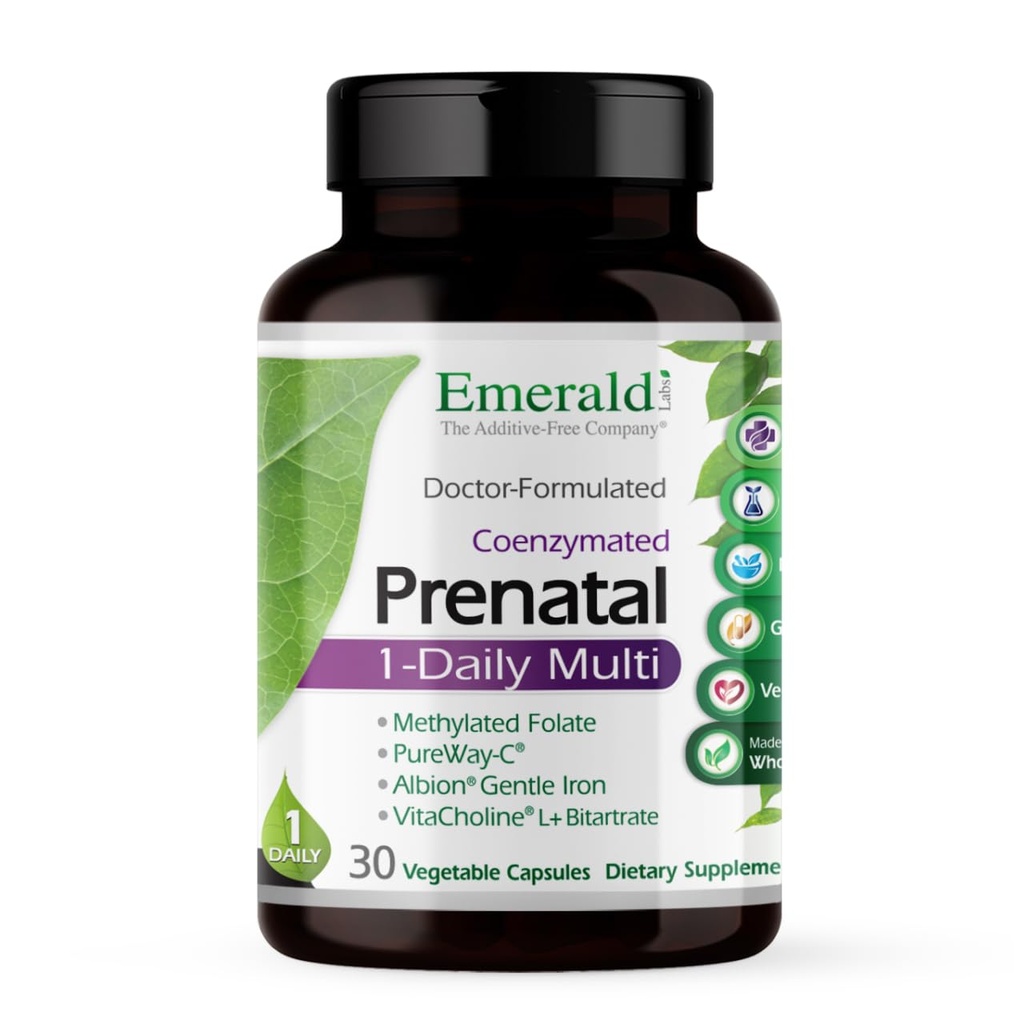 Emerald Labs Prenatal 1-Daily Multi - Prenatal Multivitamin dengan Methylated Faxed, Iron, Whole-Food Blend & More-Soy- Free-30 Vegetable Capsules