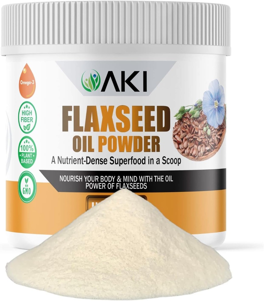 AKI Flaxseed Oil Powder - Dikemas dengan Estical Nutrients seperti Omega- 3 asam lemak, fiber, & Lignans - Bebas dari Artificial Advolics, Dibuat dengan Ideal Quality Ingreations (5.30oz / 150g)