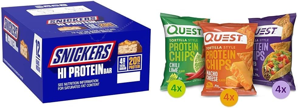 SNICKES Hi Protein Peanut Caramel Bar Bulk Box, Quest Tortilla Protein Variety Pack