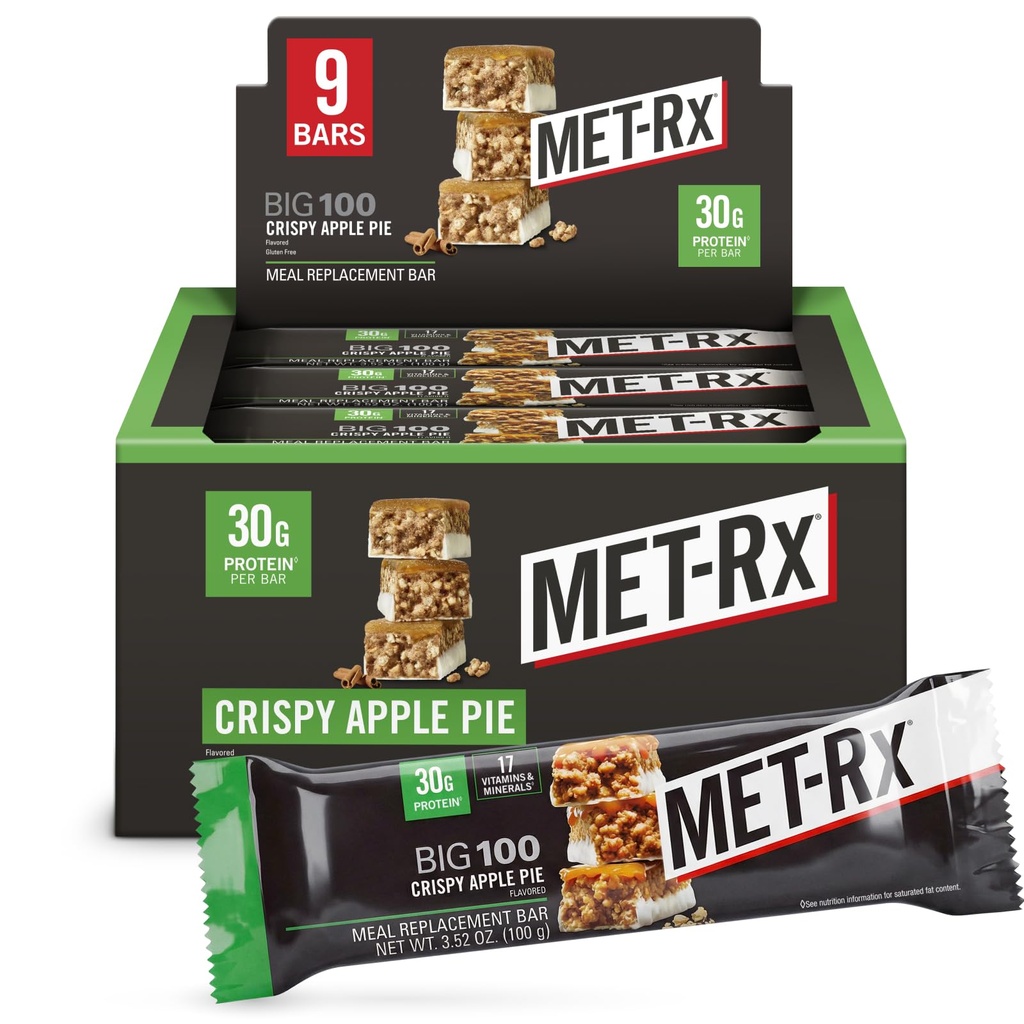 MET- Rx Besar 100 Kolosal Protein Bar, Crispy Apple Pie Pengganti Bar, 9 Count