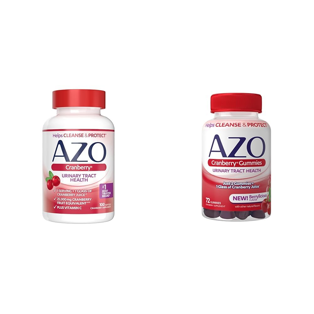 AZO Cranberry Urinary Tract Health Sufgels & Gummies, 1 Softgel / Gummy = 1 Glass Cranberry Juice, Sugar Free, Non-GMO, 100 Softgels & 72 Gummies