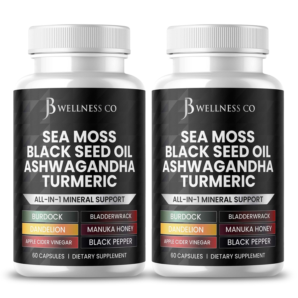 Sea Moss Black Seed Oil Ashwagandha Turmeric Bladdercrack Burdock - dengan Manuka, Honey Dandelion, ACV Black Pepper Gluten Free- 120 Count