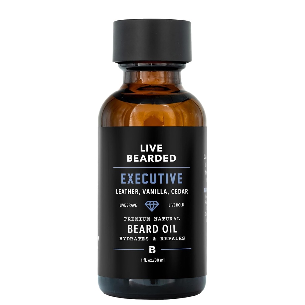Live Beard Oil, 1 fl oz - Premium All- Natural Jojoba - Made in the USA - Rambut dan Skin Care for Men with Dry, Flaky Patches 12.4; Executive Scent - Cedar, Vanilla