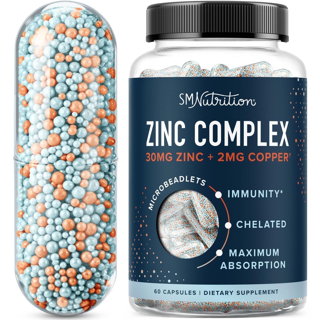 Zinc Tambahan Microbedlets dengan Copper untuk Dukungan Imune; Sangat Absorbable Zinc Bisglycinate & Ostale dengan 2mg Contated Coper + Vitamin B6 124; Vegan, Gluten- Free Capsules (2 Bulan Supply)