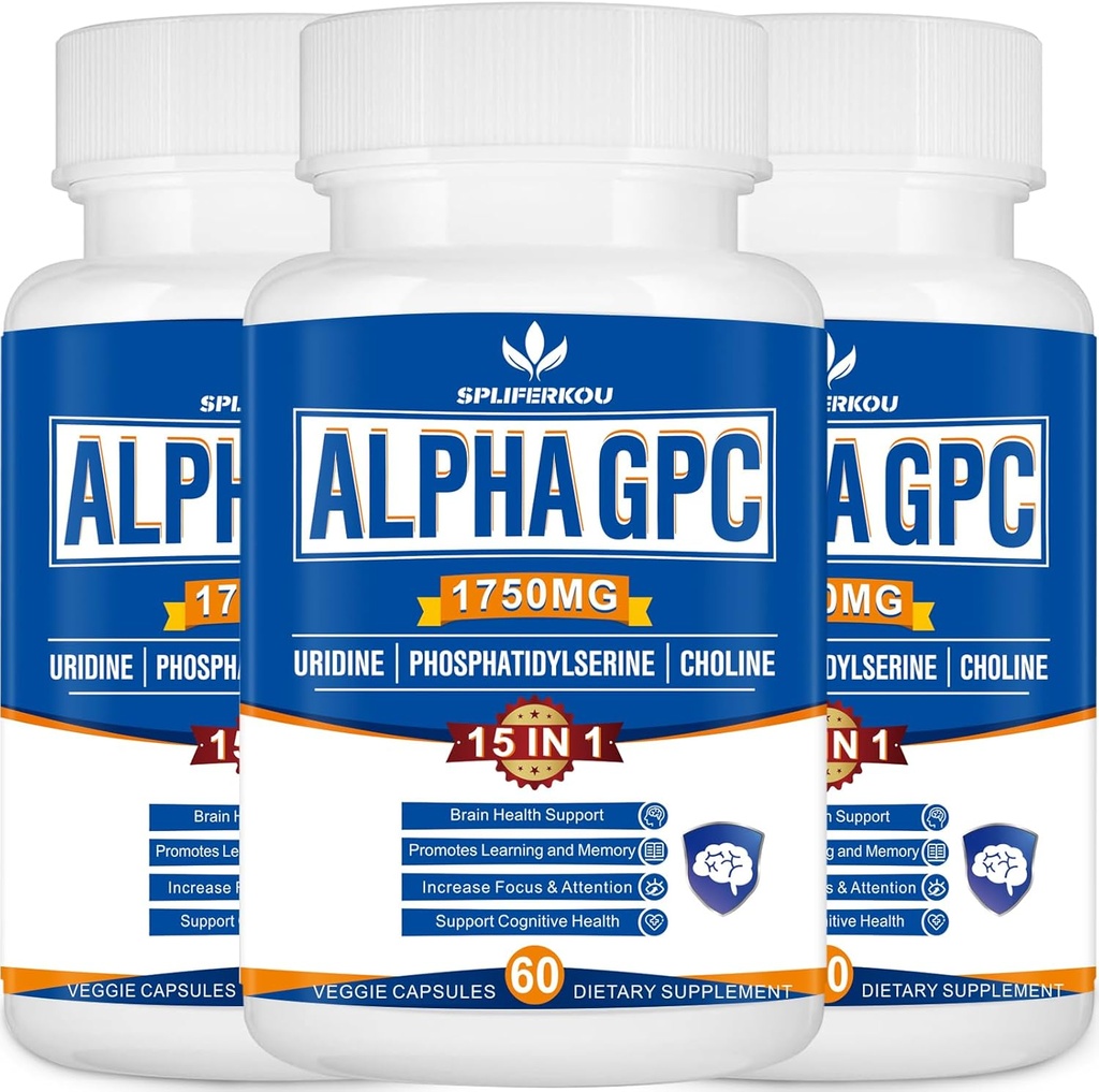 15 in- 1 Alpha GPC Suplemen dengan Phoshatidyserine, Uridine, L- Theanine, Moshroom Mane Lion, 180 Capsules