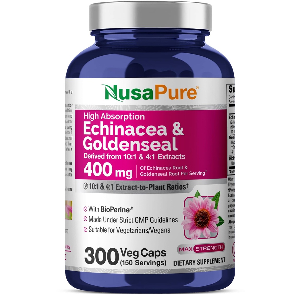 NusaPure Echinacea Goldenseal 200mg, (Ekstrak 10: 1, Sama dengan 2,000mg), 200mg, (Ekstrak 4: 1, sama dengan 800mg) - 2800mg 300 Veggie Caps (Vegetarian, Non-GMO, Vegan)