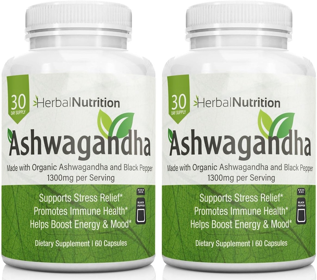 Herbal Nutrition Organic Ashwagandha 1300mg Max Power, Two Bottle Pack, 120 Capsules Plus Black Pepper untuk Bioavability