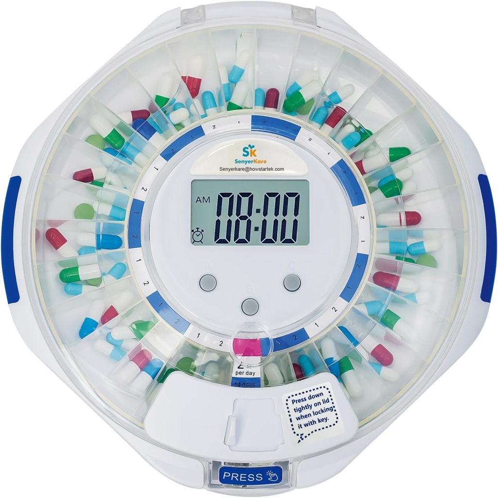 SenyerKare 28-Day Otomatis Pill Dispenser dengan Alarm & Alzheimer Care, Medication Organizer w / Easy- Baca LCD Tampilan, Suara & Cahaya & Kunci Alerts untuk Obat-obatan, Vitamin, Suplemen, Clear Lid
