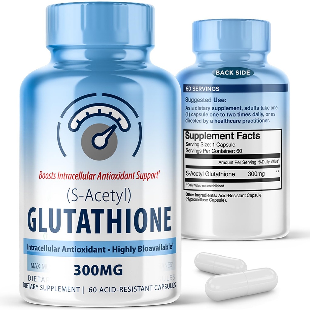 S-Acetyl L-Glutathione 300mg - 60 Acid- Capsules Resistant, High Bioavability S Acetyl Glutathione Suplemen Liver & Skin Health, Supplemen Antioksidant Dukungan Capsules