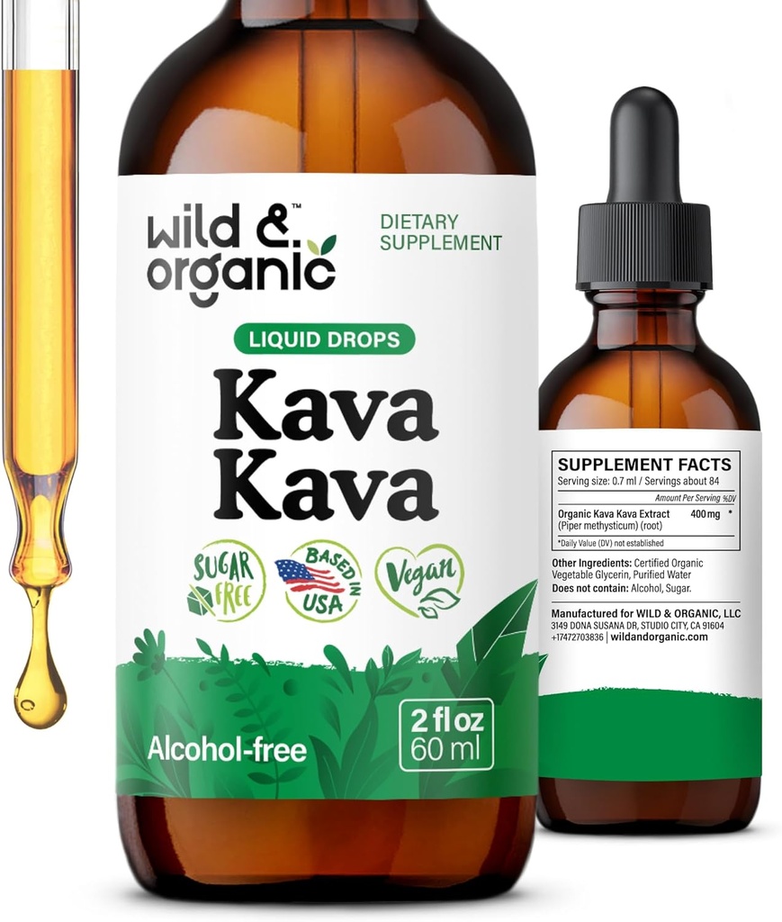 Wild & Organic Kava Kava Tacture 400 mg - Mood Dukung Suplemen - Calming Root Extract Liquid Drops - 2- Month Suply - Vegan, Sugar & Alcohol- Free Drops - 2 fl oz