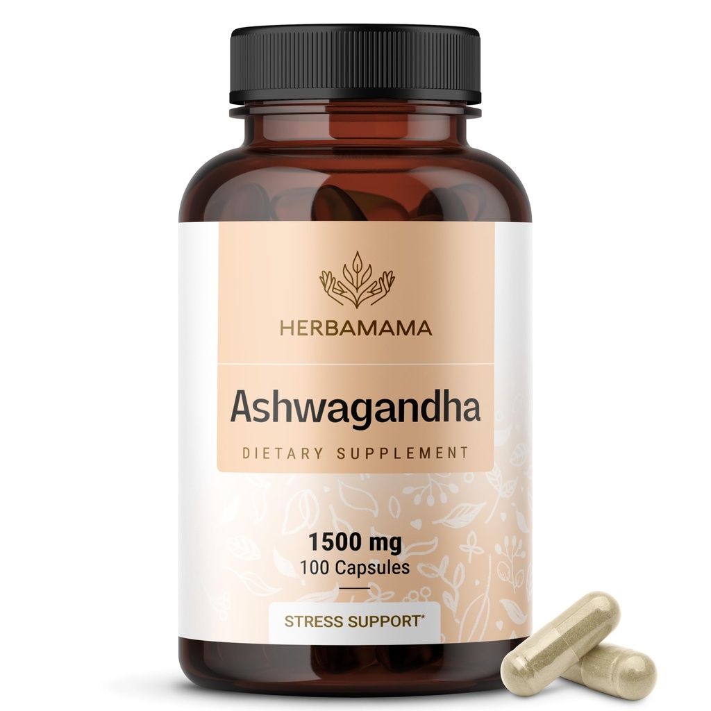 HERBAMAMA Ashwagandha Capsules - 1500mg Pure Ashwagandha Root Focus Suplemen - Vegan, Non-GMO Mood & Tenang Dukungan Suplemen untuk Dewasa, 100 Caps