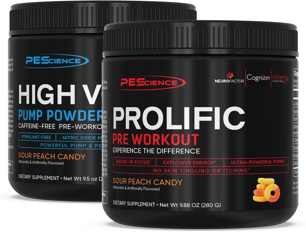 Pescience Pre Workout Stack - Prolific & High Volume, Sour Peach Candy, Nitric Oxide Booster - 40 & 36 Scoops, L Arginine Nitrate, L Citrulline, Pra Workout Powder untuk Pria & Women