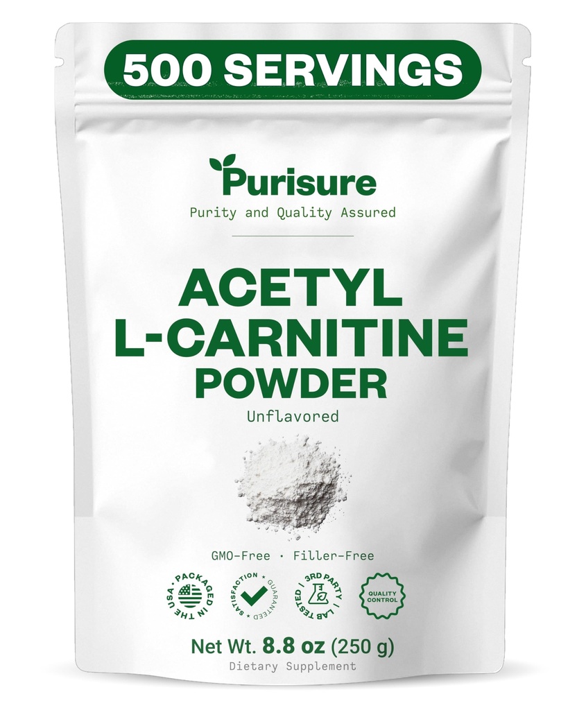 Purisure Acetyl L-Carnitine powder, 250g, ALCAR Powder, Amino Acid Suplemen, Acetyl L- Carnitine Supplemen Performance Better Cognitive and Muscular Endurance, Gluten Free, Non-GMO, 500