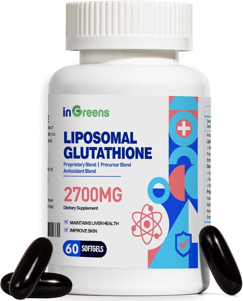 2700 MG Lipomal Glutathione Suplemen, Max Absorestion, Formasi L Glutathione reductase (GSH), dengan Acid Hyaluronic, Reveratrol, Antioksidant yang kuat, Penuaan Kesehatan, 60 Softgeels