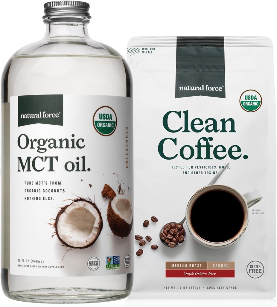 Natural Force Organic Ground Clean Coffee + Organic MCT Oil Bundle - 100% Pure Coconut MCTs & Mold & Mycotaxin Free Coffee - Non-GMO, Keto, Paleo, and Vegan - 10 Oz Bag dan 32 Oz Glass Bottle