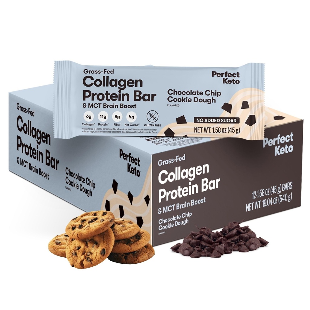 Sempurna Collagen Protein Bars, Gluten Free Grass Fed Collagen + MCT Oil, Low Carb, No Sugar Added, High Protein Snacks, Keto Diet Foods, 11g Protein, 18g Fat, 3g Net Carbs, Chocolate Chip, 12 Bars