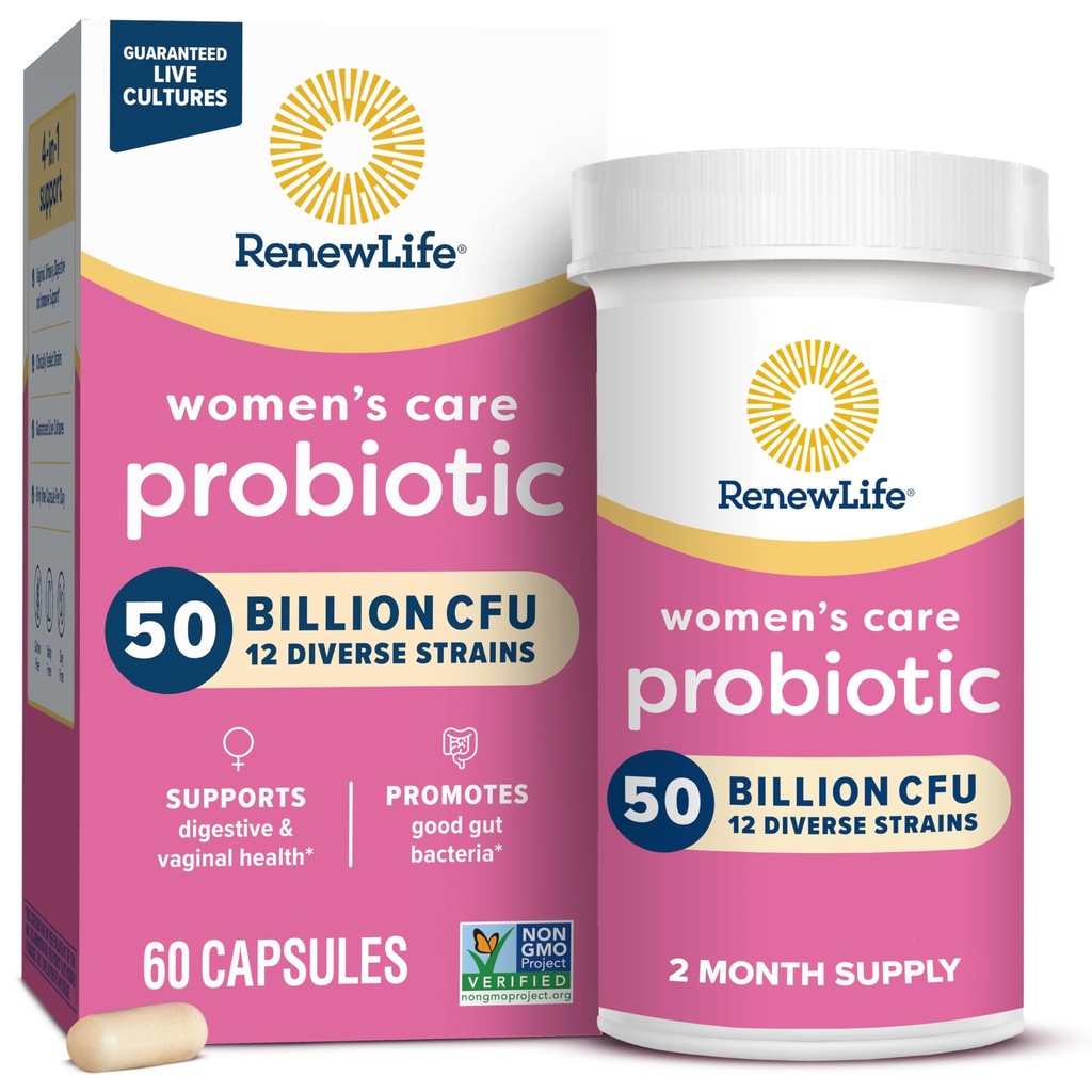 Renew Life Women 's Probiotic Capsules, 50 Milyar CFU Dijamin, Mendukung keseimbangan pH, vaginal, Urinary, Digetile dan Immune Health (2), L. Rhamnosus GG, Dairy, Soy dan Gluten- Bebas 60 Count
