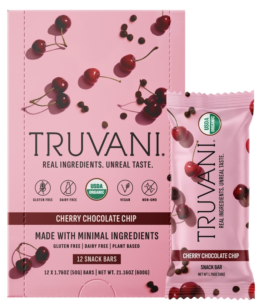 Truvani Plant Based Snack Bars 124; Cherry Chocolate Chip 12 Pack 124g Protein 1254; USDA Organik dan Vegan 124; Satu-satunya Bar 124; Dairy, Soy, dan Gluten Gratis 124; Dibungkus Individually