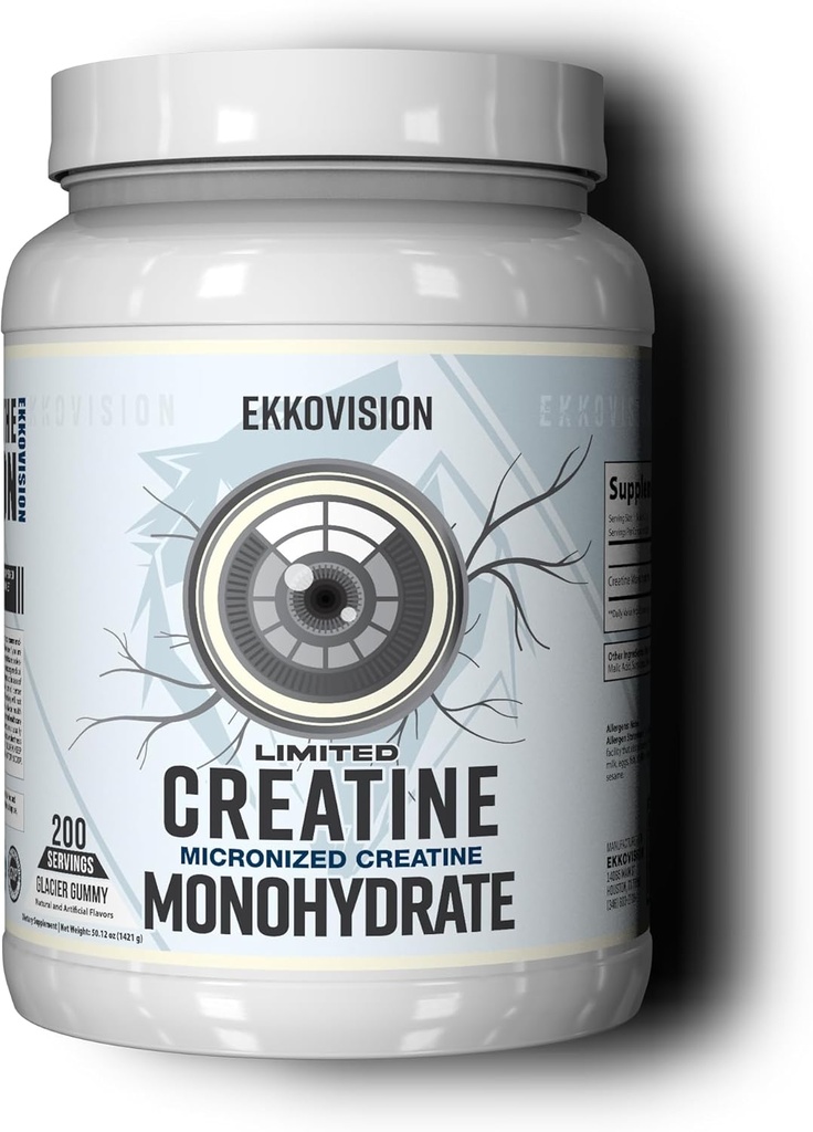 Ekkovision Creatine Monohydrate Powder, Micronized, Glacier Gummy, Pre Workout & Post Workout Suplemen Pria dan Wanita, Dukungan Energi, Mudah untuk Mix di Shakes, Smoothies & Beverage, 200 Hamba