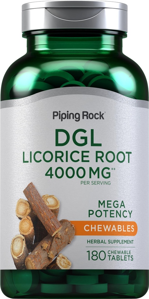 Piping Rock DGL Licorice Chewable Tablet 4000mg 124; 180 Count 124; Mega Potency Deglychizinated 12.4; Herbal Extract Supplemen 124; Vegetarian, Non-GMO