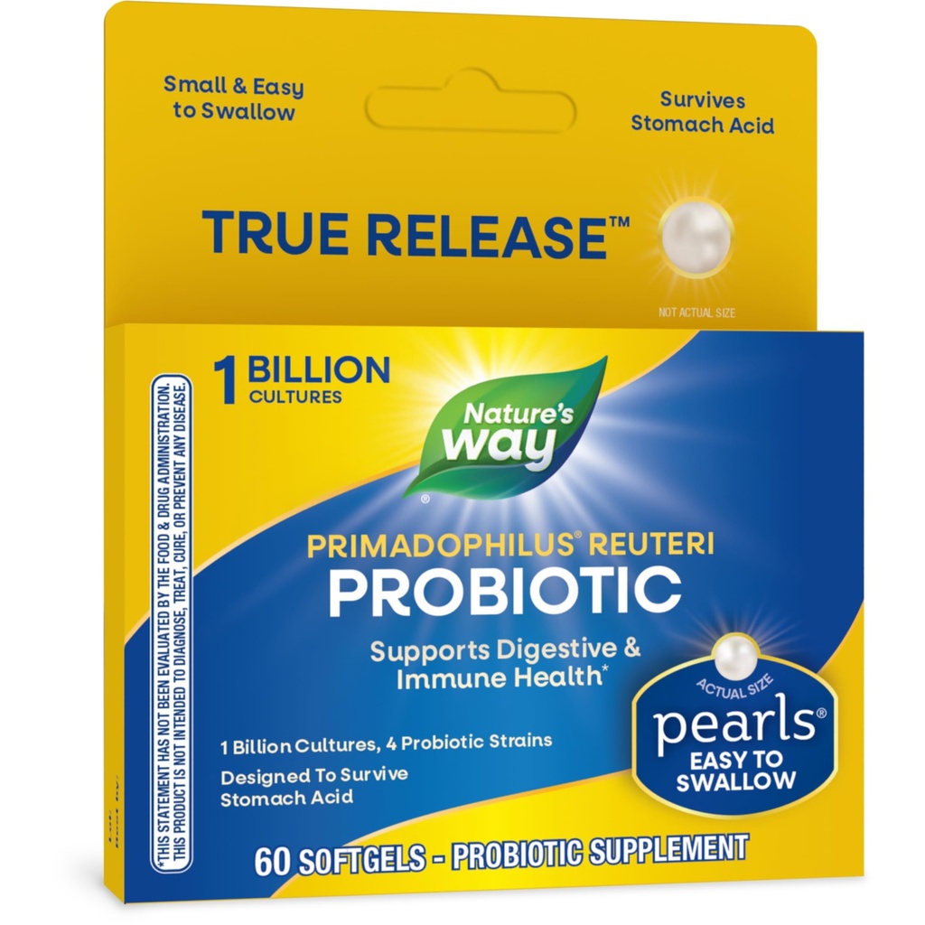 Nature 's Way Primadophilus Reuteri Probiotic Pearl for Men and Women, Digetical and Immune Health *, 1 Million Culture, 4 Prototic Strains, Survives Stomach Acid, 60 Softgels