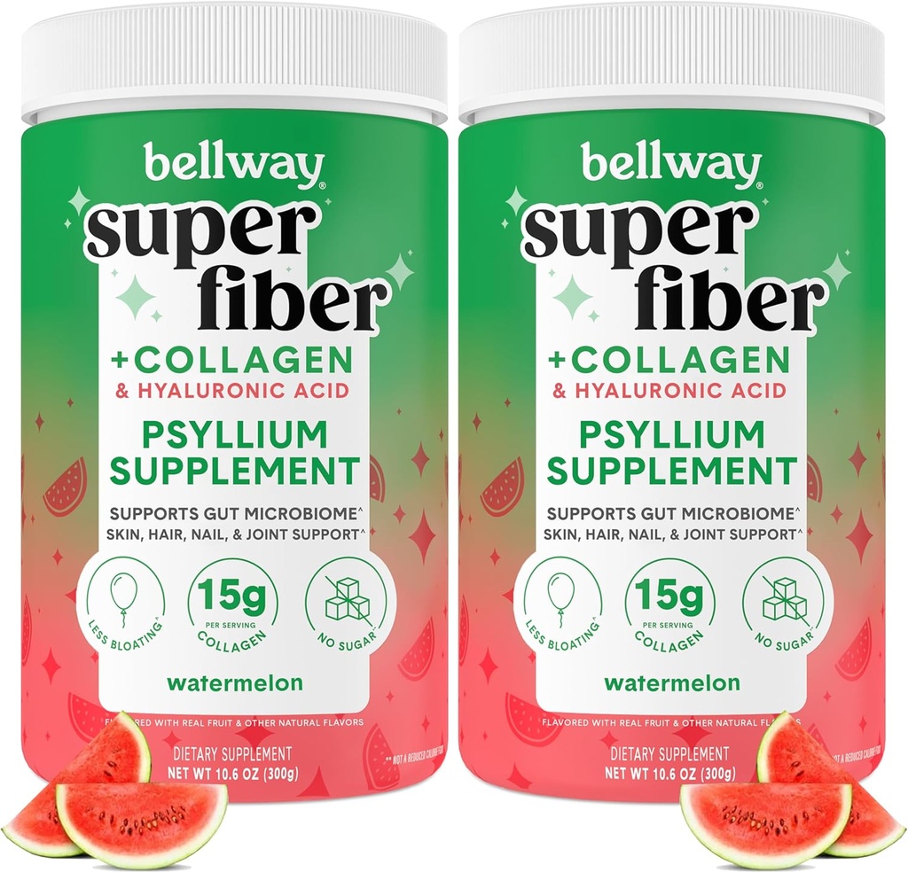 Bellway Super Fiber Powder + Collagen (2 Pack), Sugar-Free Psyllium Husder Powder dengan Collagen Peptides dan Hyaluronic Acid for Gut Health, Heally Skin, Nails, Bones & Joints, Watermelon (21.2 oz)