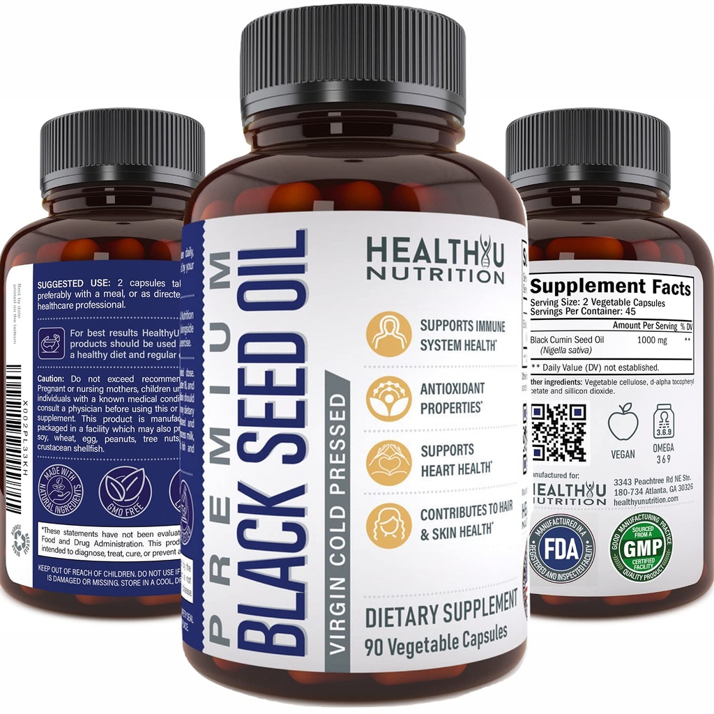 Premium Black Cumin Seed Oil Capsules - Virgin Cold Menekan Nigella Sativa Black Seed Oil Pills - Imune Dukungan Supplemen - Omega 3 6 9 Vitamin E Blackseed for Nails Hair Skin 1000 mg p / Serving