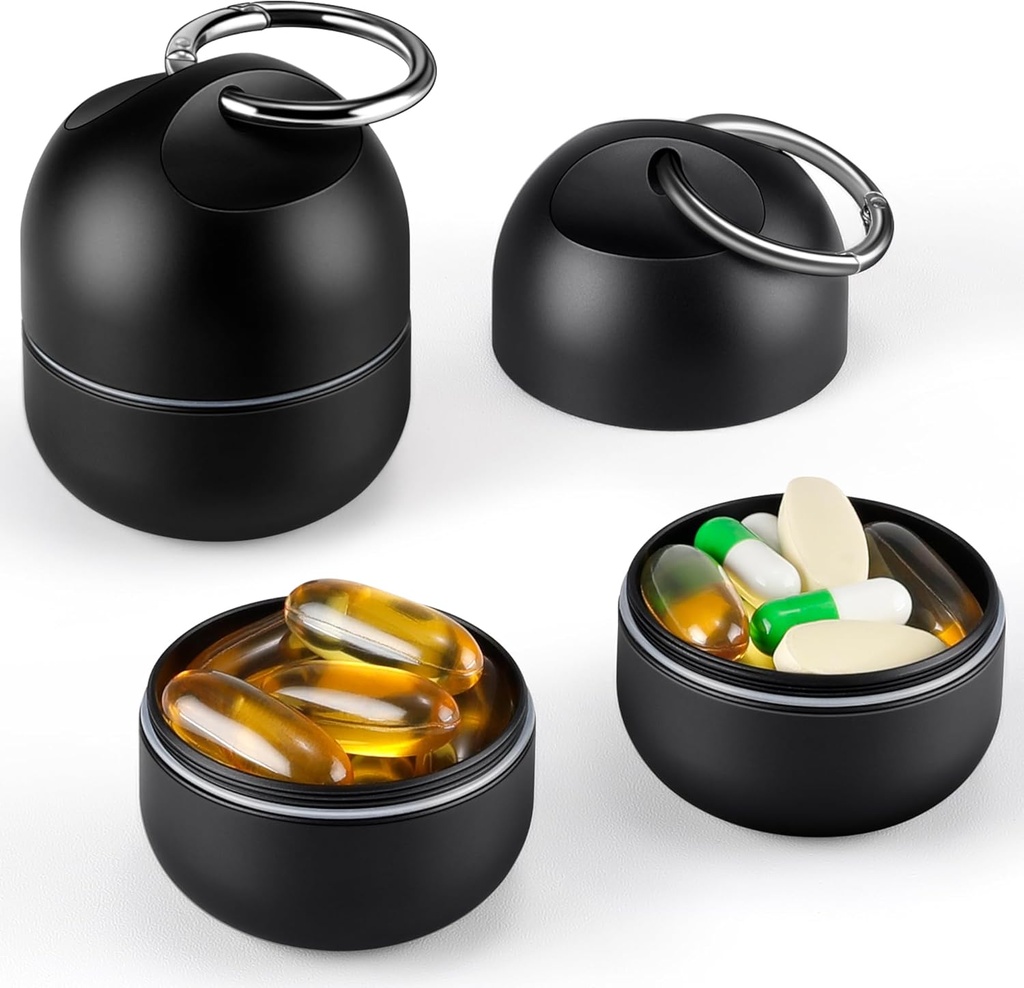 Zannaki Small Portable Box Pill Keychain - Metal Daily Travel Pill Organizer Case, Botol Pill Hogg, Pengisi Vitamin Metal Container untuk Pocket atau Purse, Black