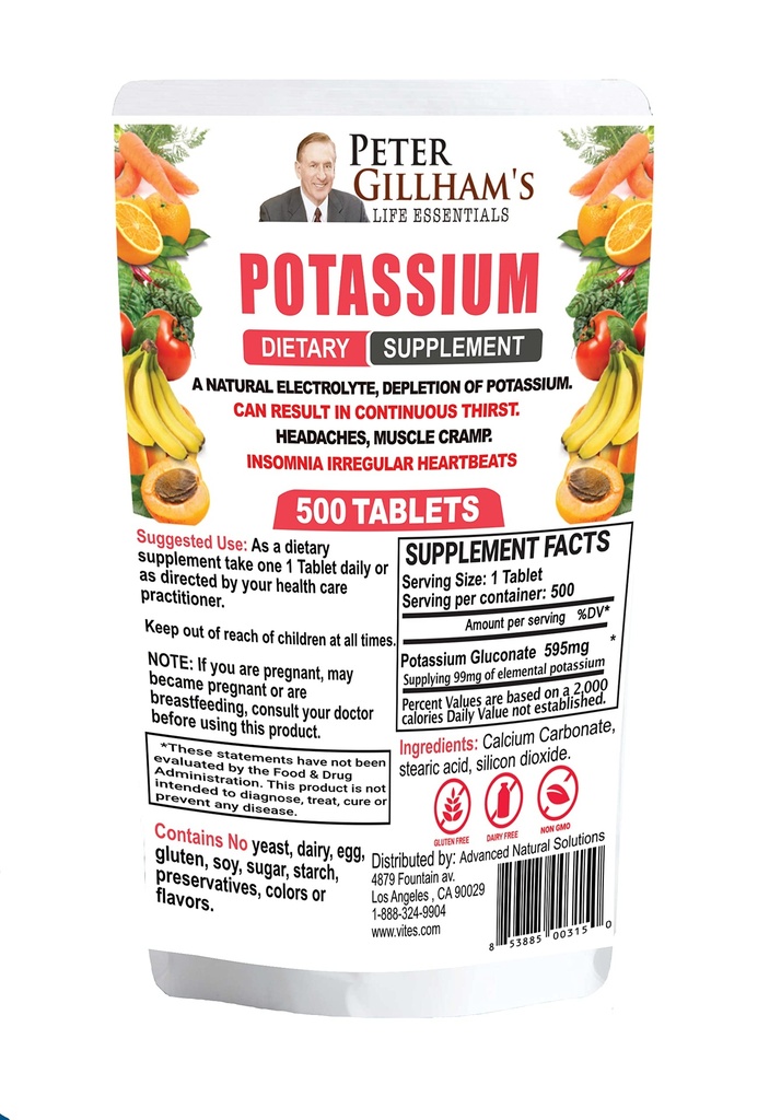 Peter Gillham 's Life Esenitials Potasium Gluconate tablet 595mg, 500 tablet, Dukung Keseimbangan Electrolite, Dibuat di USA (Paket May Vary)