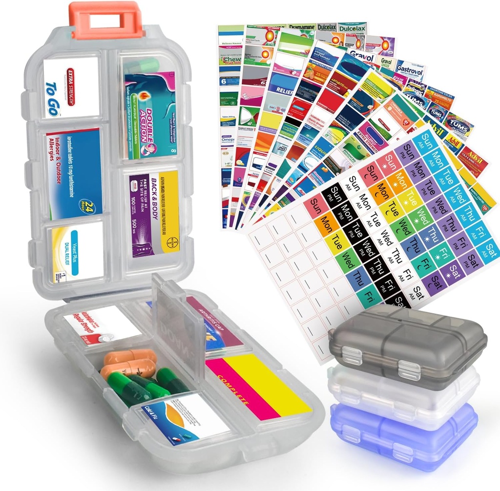 3 Pcs DIY Travel Pill Organizer dengan Labels Pocket Farmasi, 3 Pill Box & 420 Medicine Label, Portable Travel Esentials Mini Pill Container 7 Day Pill Case Storage Vitamin Fish Oil (Set A)