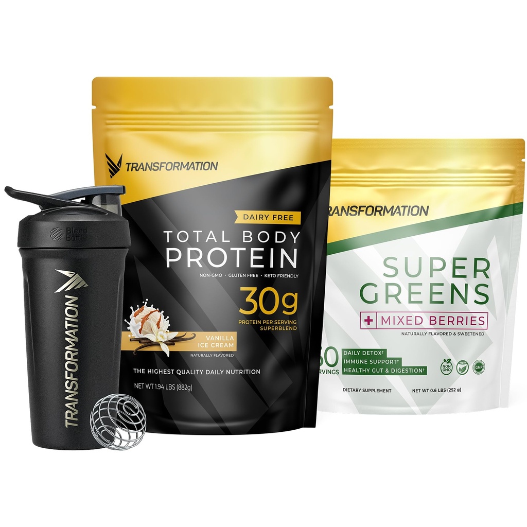 Transformation Vanilla Protein Powder, Super Greens Superfood Green Juice Powder dan Performance Insulated Shaker Bottle