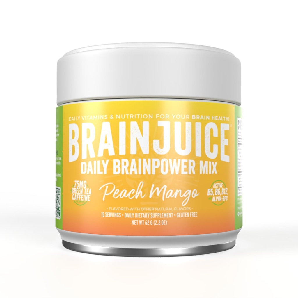 BrainJuice Nootropics Brain Supplement, Gluten Free Powder for Energy and Focus, Drink with L Theanine, Alpha GPC, Vitamin B, Organic Green Tea Extract Caffeine, Peach Mango, 15 Servings