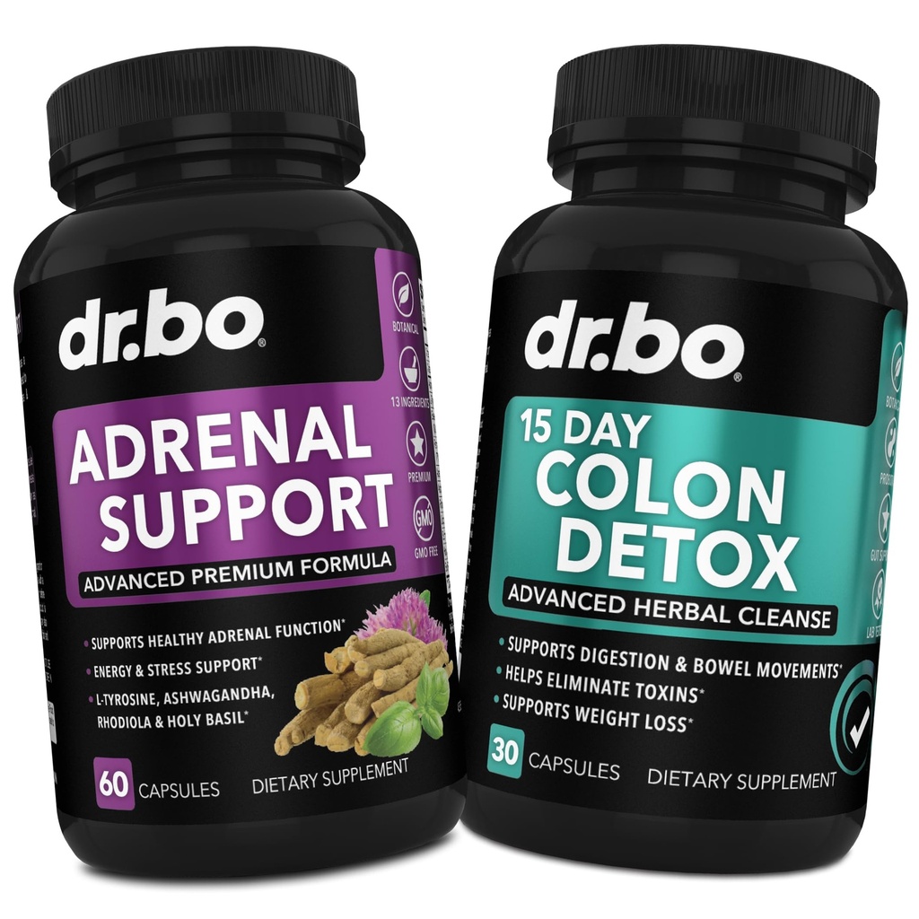 Dukungan DR. BO Adrenal & Colon Cleanse - Suplemen Ketahanan Adrenal - dengan Ashwagandha & L Tyrosine - 15 Hari Pill Intestial Cleanse untuk Gerakan Bowel Dut