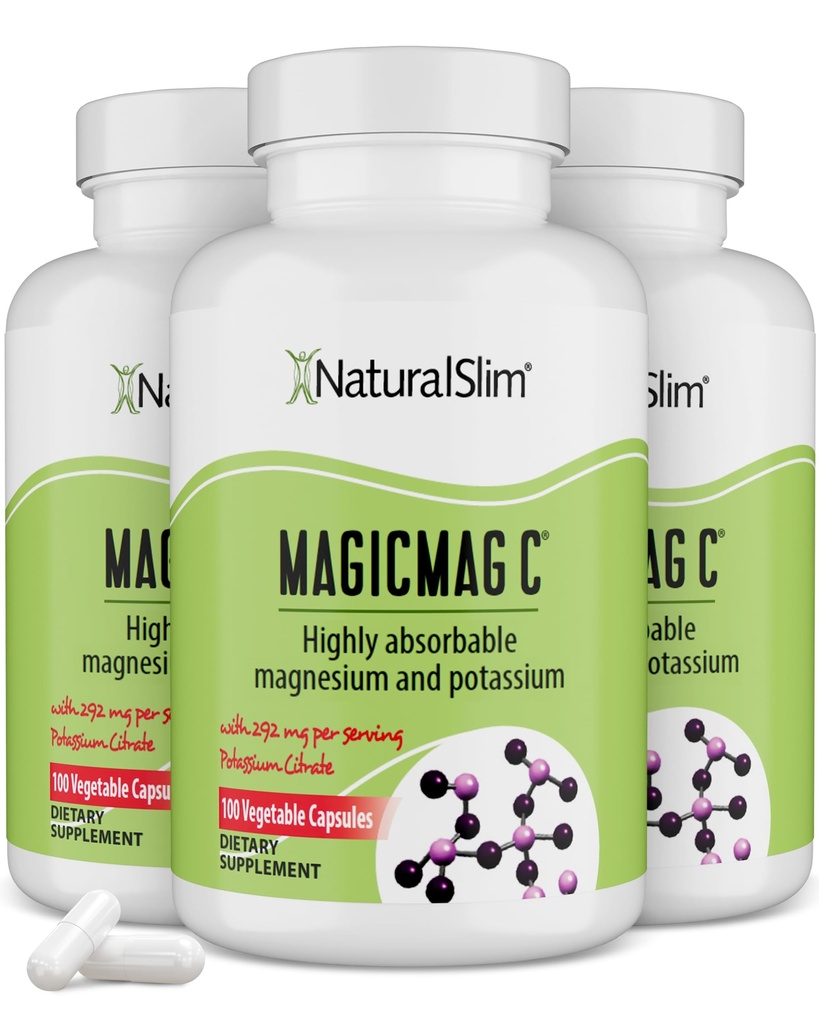 MagicMag C oleh NatualSlim, Magnesium Citrate dengan Potasium untuk Relaxation Muscle, Sleep Quality, Nerve Fungsi & Electrolite Dukungan, Suplemen Daily Magnesium untuk Pria dan Perempuan, 100 Capsules 3pk