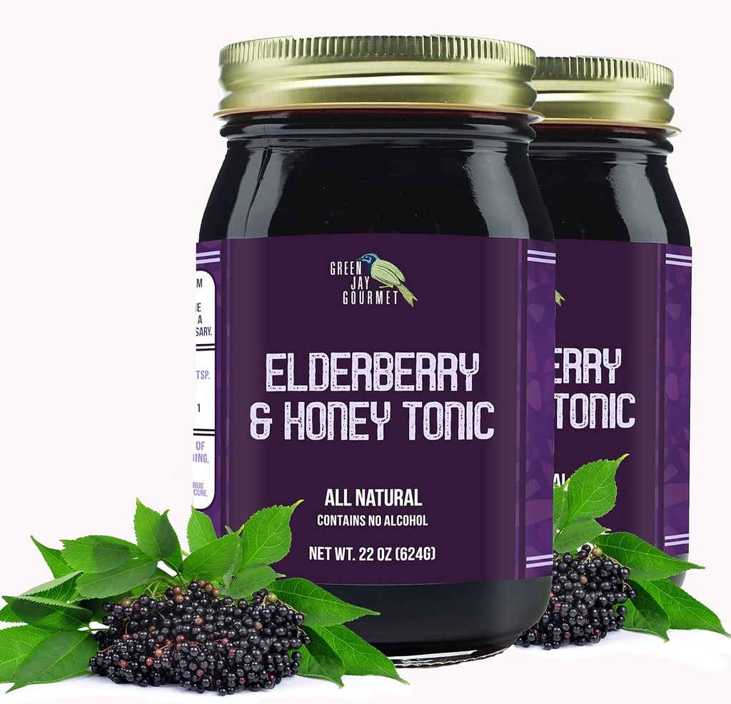 Green Jay Gourmet Elderberry Tonic - All Natural Elderberry Syrup - Elderberry Immune Support for Children & Adults - powerful Elderberry & Honey Blend - Sambucus Elderberry Syrup - 2 x 22 Ounces