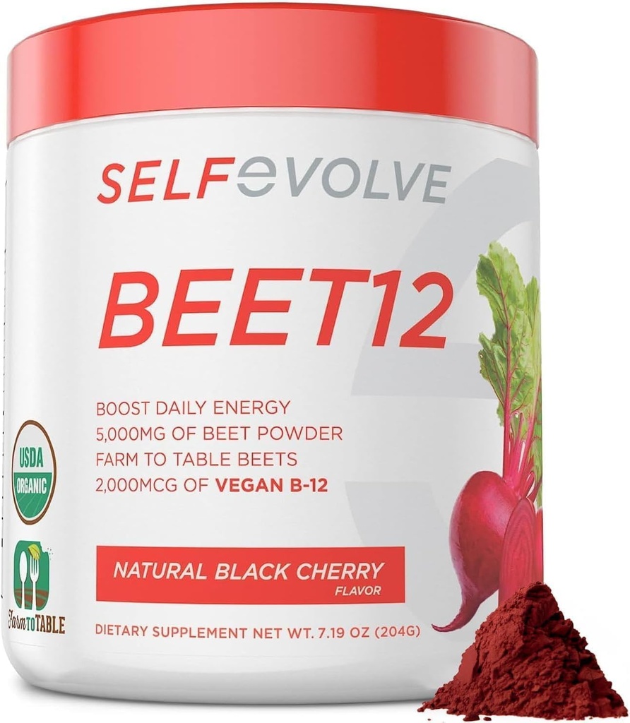 Beet Root Powder Organic 5000mg with Vitamin B12 (Methylcobalamin) and Trace Minetrals in Natural Black Cherry Flavor, 0g Added Sugar - Vegan Dietary Supplemen (30 Servis)