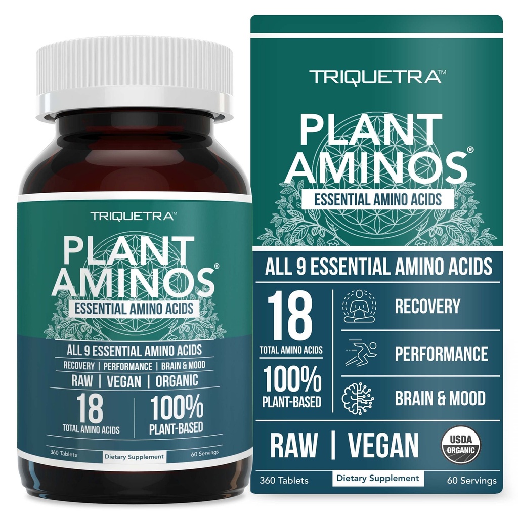 Plant Aminos Organic Espanic Amino Acids (EAAS) & BCAA - 100% Plant - Based Raw, Vegan - All 9 Estical Amino Acids with 18 Total Acids Amino (360 tablet)