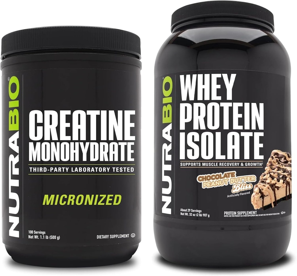 NutraBio Creatine Monohydrate, Unfeatored, 500g dan Whey Protein Isoloate, Chocolate Peanut Butter, Suplemen Bundle - Muscle Energy, Lean Muscle Growth, Recovery, and Power