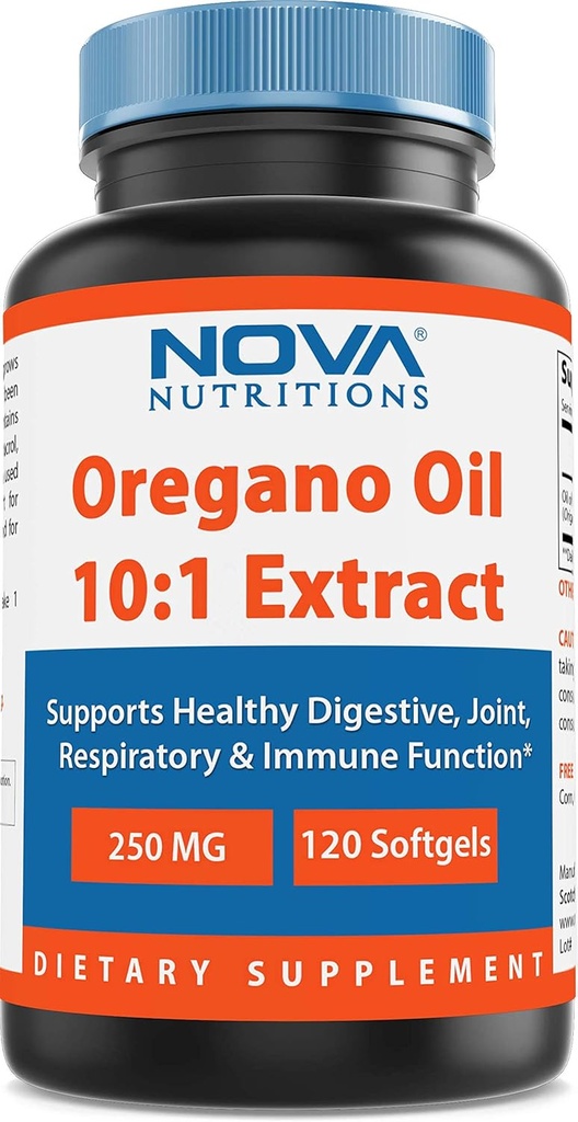Nova Nutritions Oregano Oil 250 mg 10: 1 Ekstrak - Non- GMO & Gluten Bebas - Minyak Orango Pil - Dukungan Imune - 120 Softgels