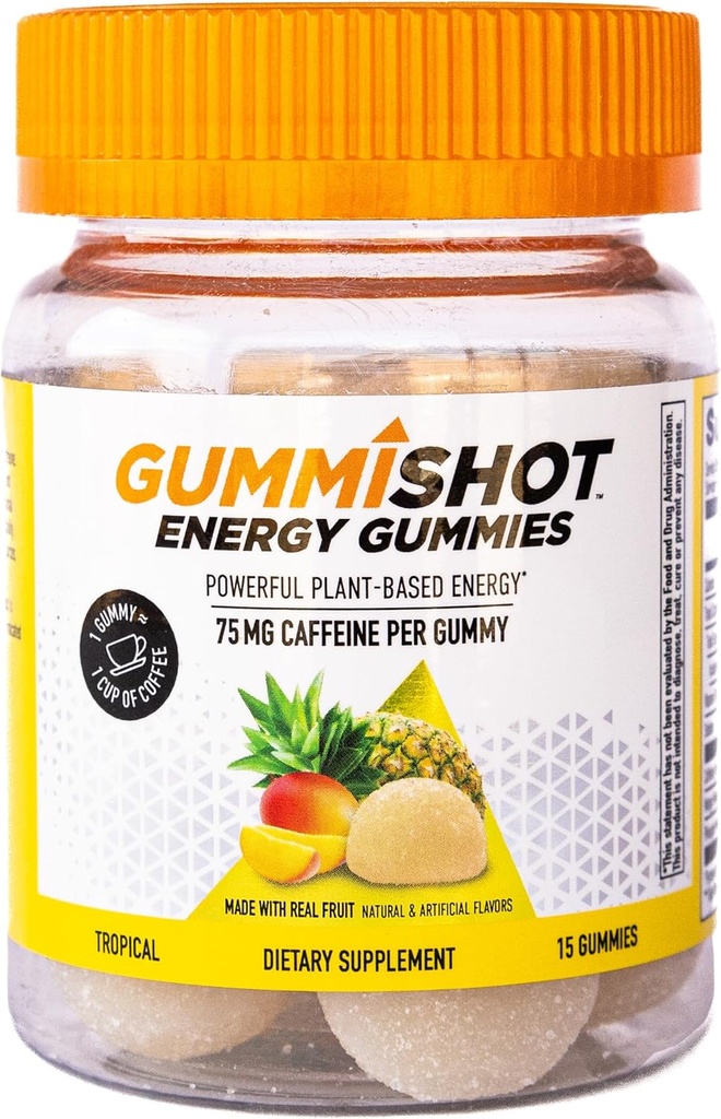 GummiShot Energi Gummies, 1125 mg Tanaman-Dibased Caffeine Chews per Bottle, Long Lasting Energy Boosters, Tropical (15ct)