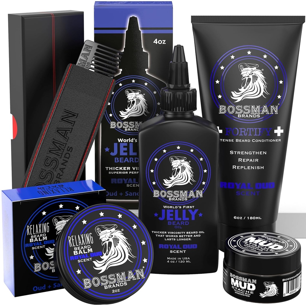 Bossman Complete Beard Kit - Men 's Beard Oil Jelly, Fortifikasi Shower Conditioner, Balm, Mustache Wax & Comb - Beard Softtener & Grooming Care Men Set (Royal Oud Scent)