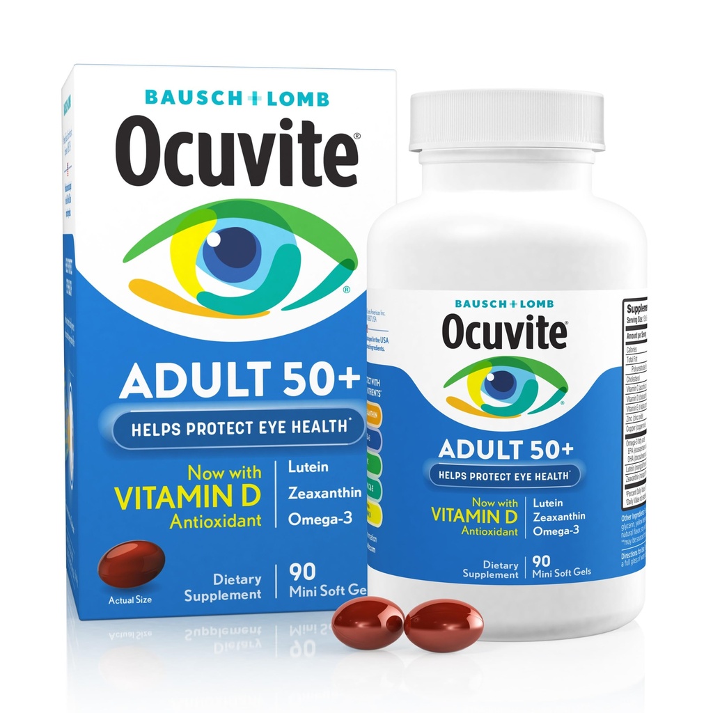 Ocuvite 50 + Eye Vitamin & Mineral Suplement, Multivitamin for Vision & Ocular Health with Omega-3, Zinc, Vitamin C & E, Lutein & Luxanthin, Zinc Suplemen Perempuan dan Pria, 90 Softgels