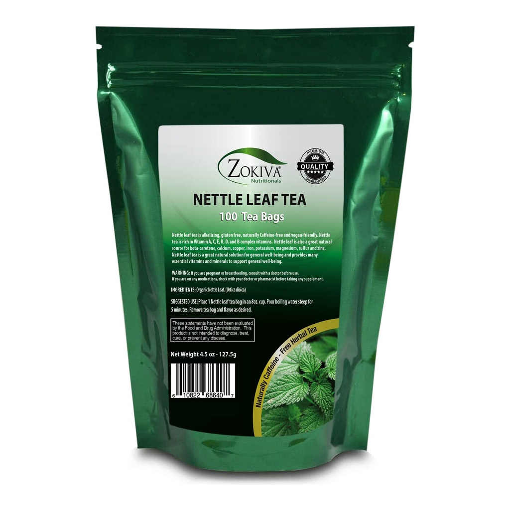 Zokiva Nutrititional - Nettle Leaf Tea Bags Mega Pack - 100 Premium Quality Convenient Organic Herbal Tea Bags - Caffein - bebas dan ramah dalam kantong Ressalable Stand Up Zip Lock