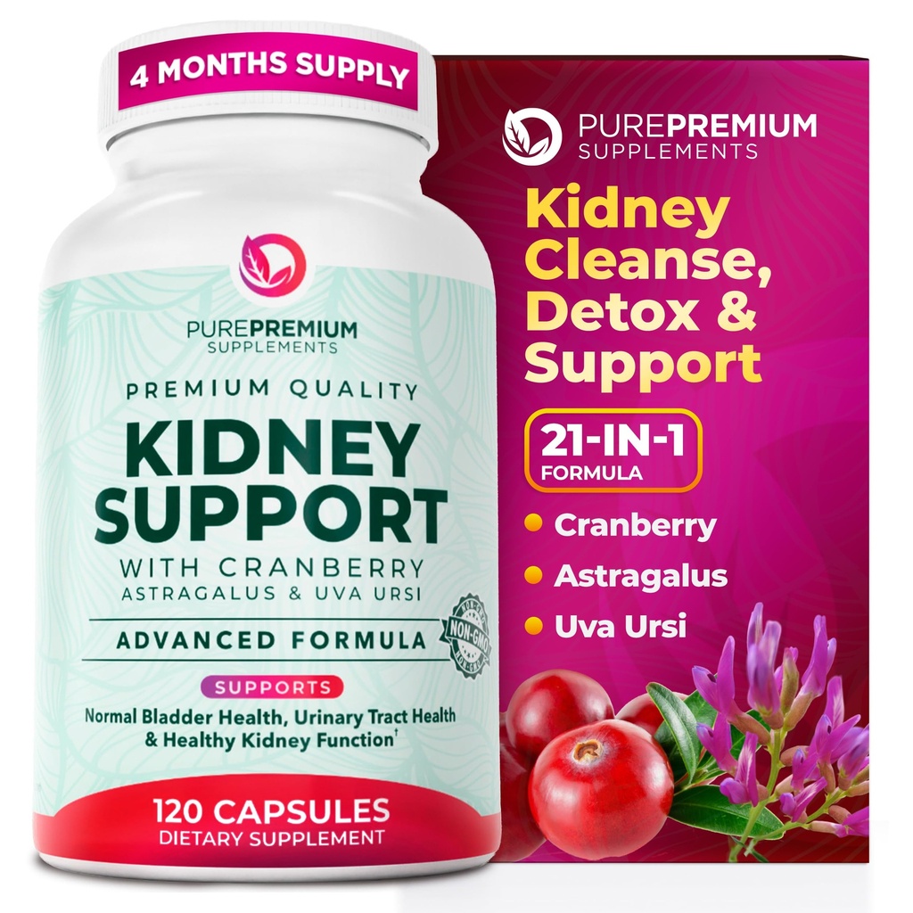 PurePremium Suplemen Dukungan Kidney - Ginney Cleanse Detox & Repair dengan Ekstrak Cranberry & Astragalus - 21-in- 1 Kompleks Pasokan Normal, Track Uliner & Kidneys Kesehatan - 120 Hari Supply