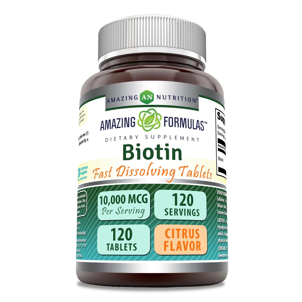 Amazing Formulas Biotin 10.000 mcg 124; Quast Dissolve Tablet 126; Non-GMO 124; Gluten Free Supplement (dibuat di USA) (Citrus 124; 120 Tablet)