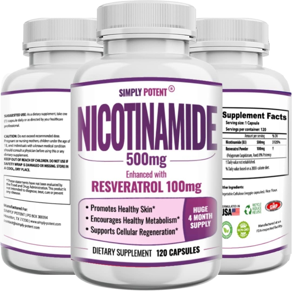 Nicotinamide 500mg dengan Resveratrol 100mg - 120 Veggie Capsules - Pil Vitamin B3 untuk mendukung NAD, Skin Cell Health & Energy