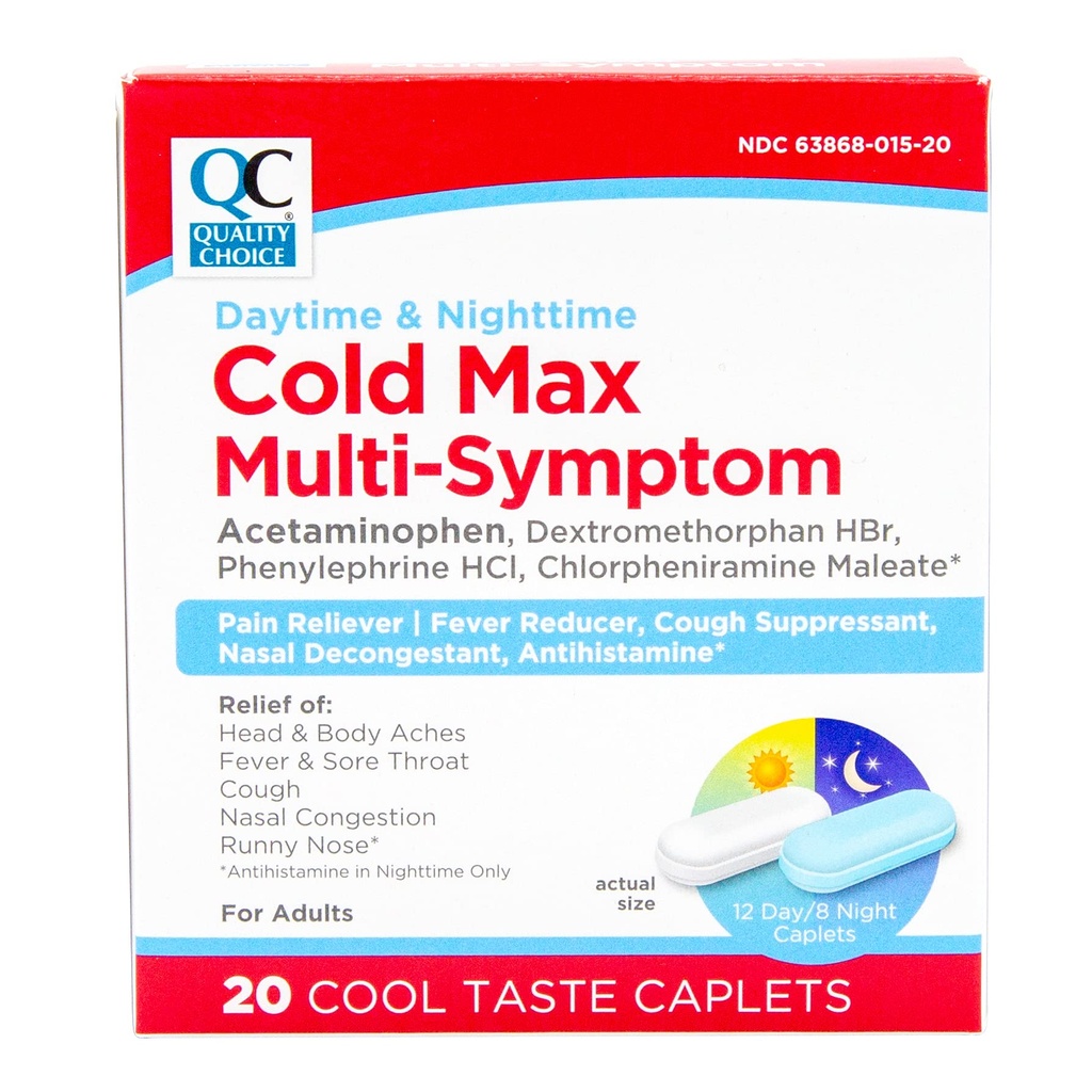 Hari kualitas & Malam Dingin Max Multi- Symptom, Cold & Flu Medicine, Pain Reliever, Fever Reducer, Cough Supressant, Nasal Decongestant, 24 Hour Relief Cool Tast Caplets